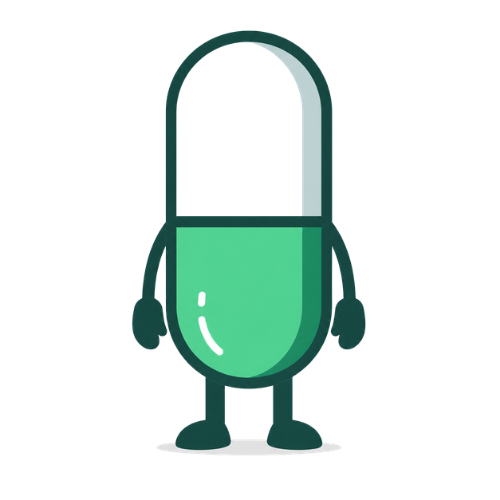 the $pill mascot: a green and white capsule with arms and legs
